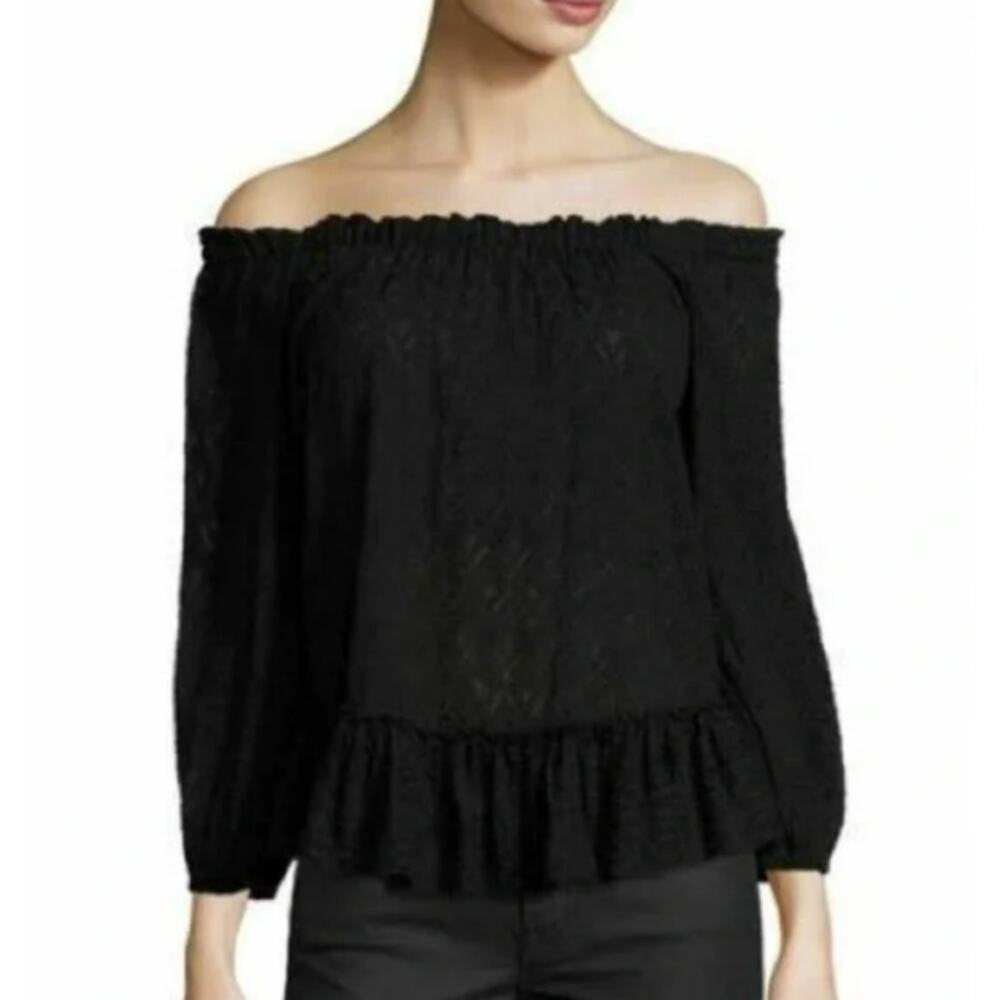Rebecca Taylor Sheer Lacy Embroidered Black Off the Shoulder Top Size 4